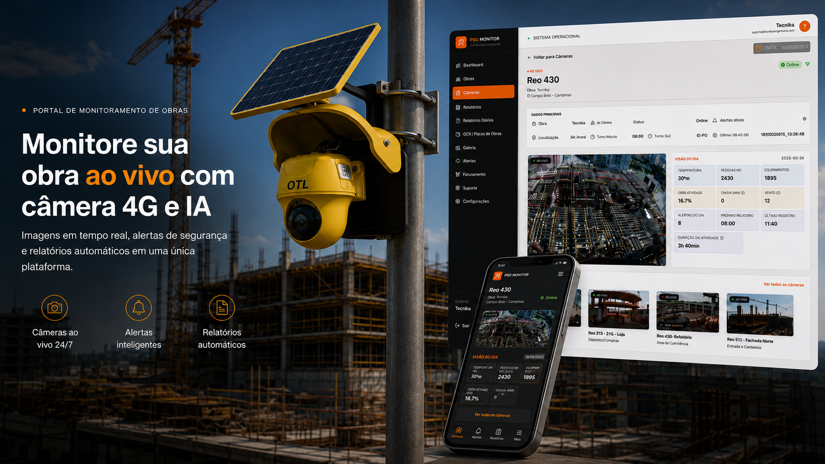 Portal de monitoramento de obras OTL — câmera 4G com IA e dashboard ProMonitor ao vivo