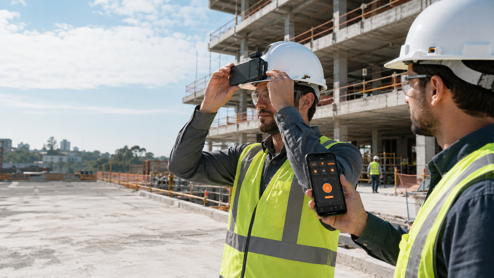Engenheiros usando o ProMonitor App Vision com smartphone acoplado ao capacete na obra