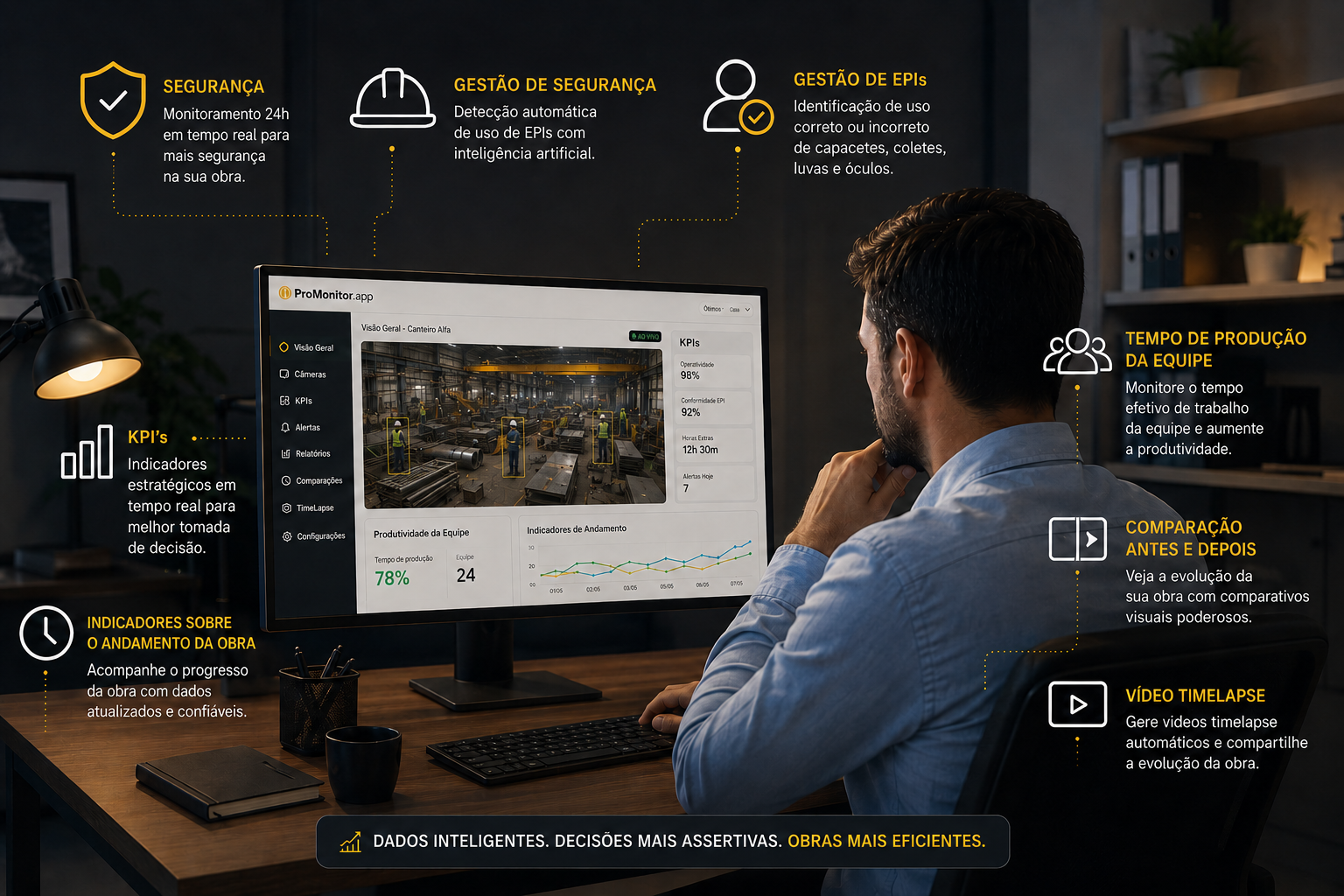 Plataforma ProMonitor com KPIs, alertas de EPI e monitoramento industrial em tempo real