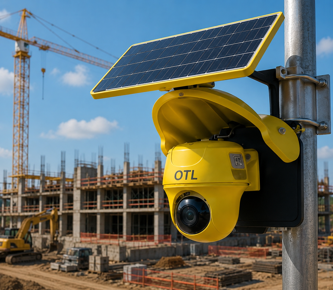 Câmera OTL amarela com painel solar instalada em canteiro de obras