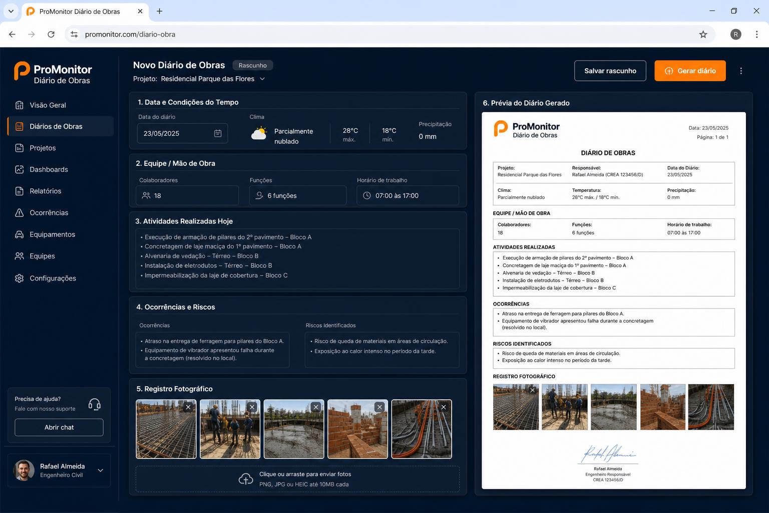 Tela de preenchimento do Diário de Obras no ProMonitor