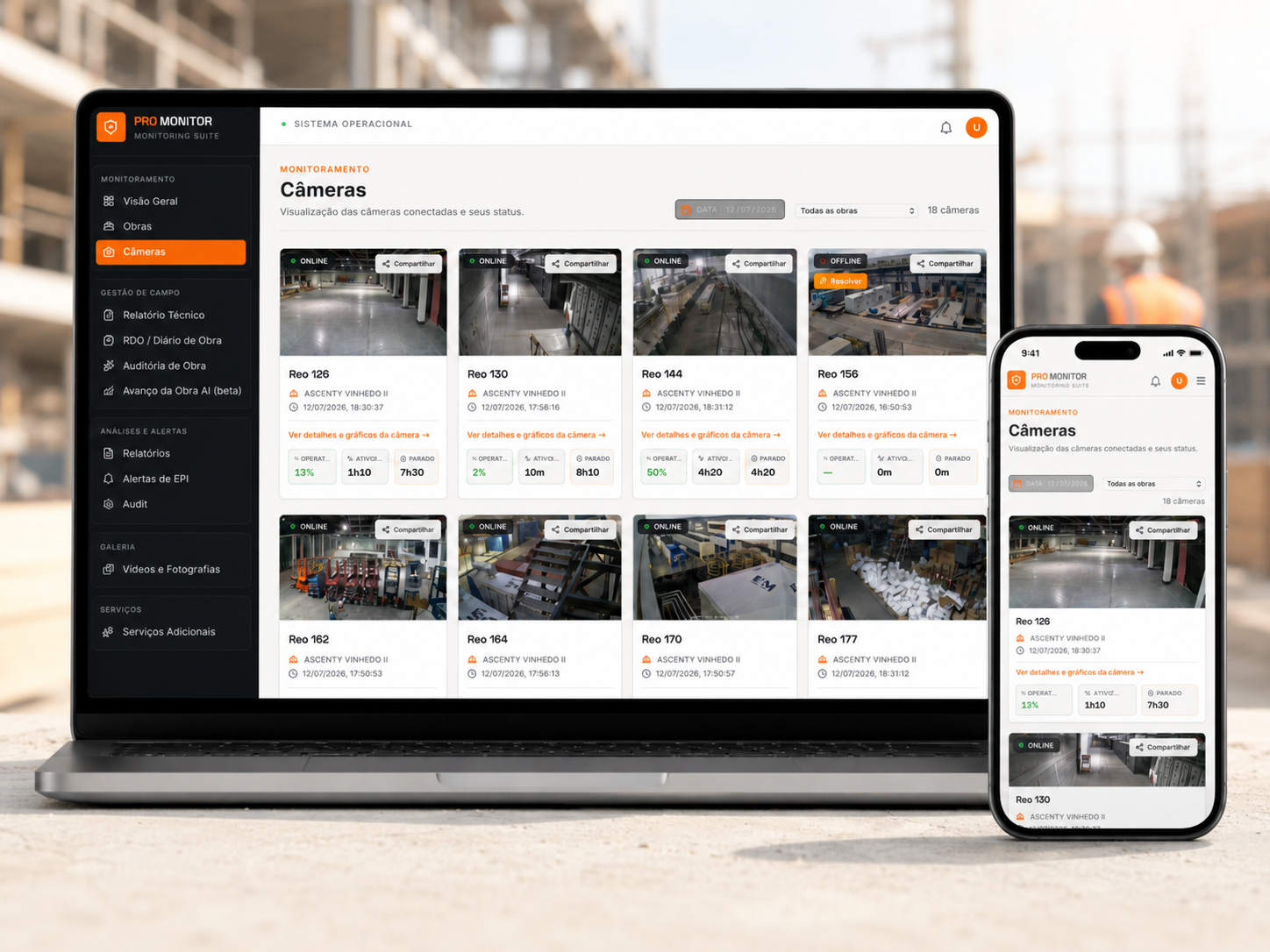 Plataforma OTL de acompanhamento de obra com câmeras ao vivo, histórico e comparação de períodos